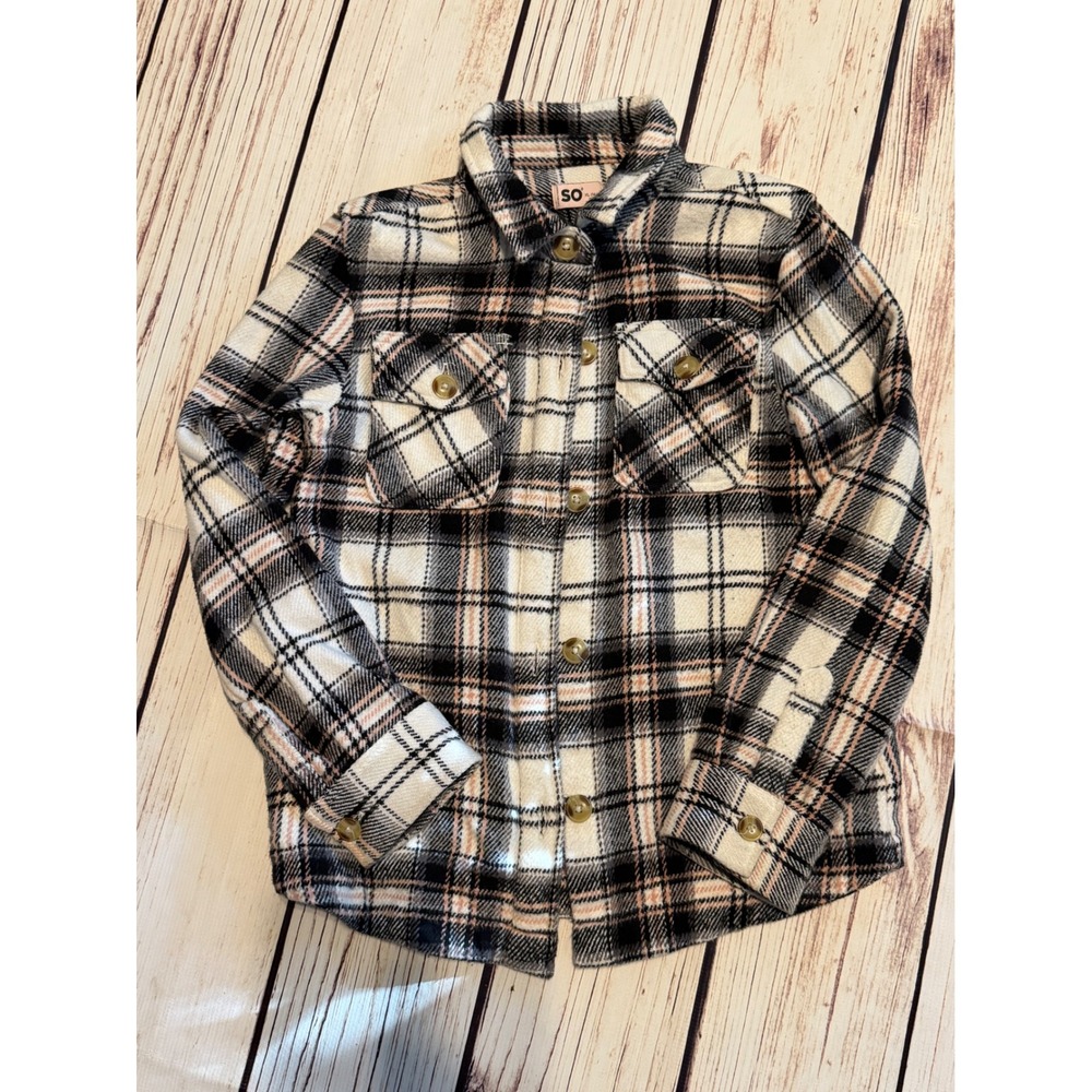 SO Girls Plaid Shacket Pink Black Cream‎ Button Front Shirt Jacket XL 14/16